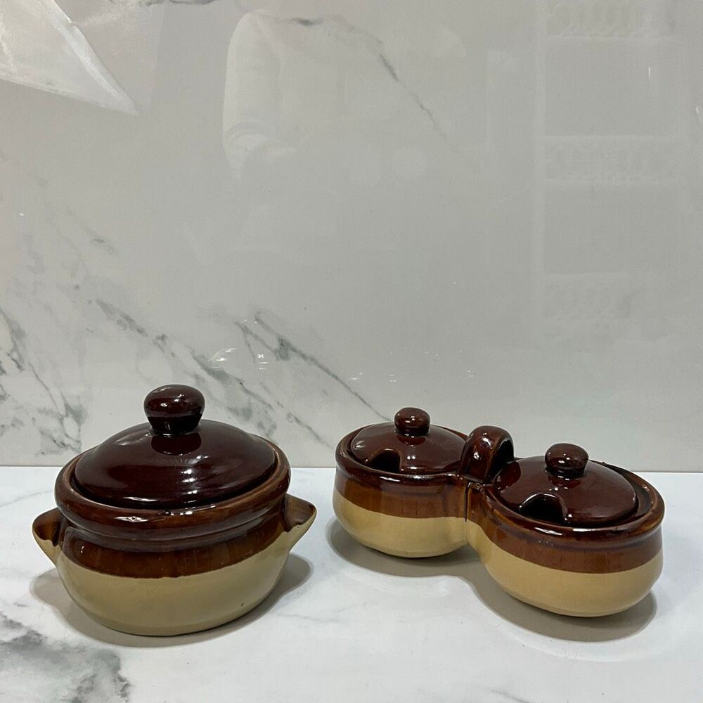 VINTAGE Taiwan Pottery Soup Crock and Double Condiment Bowls With Lids